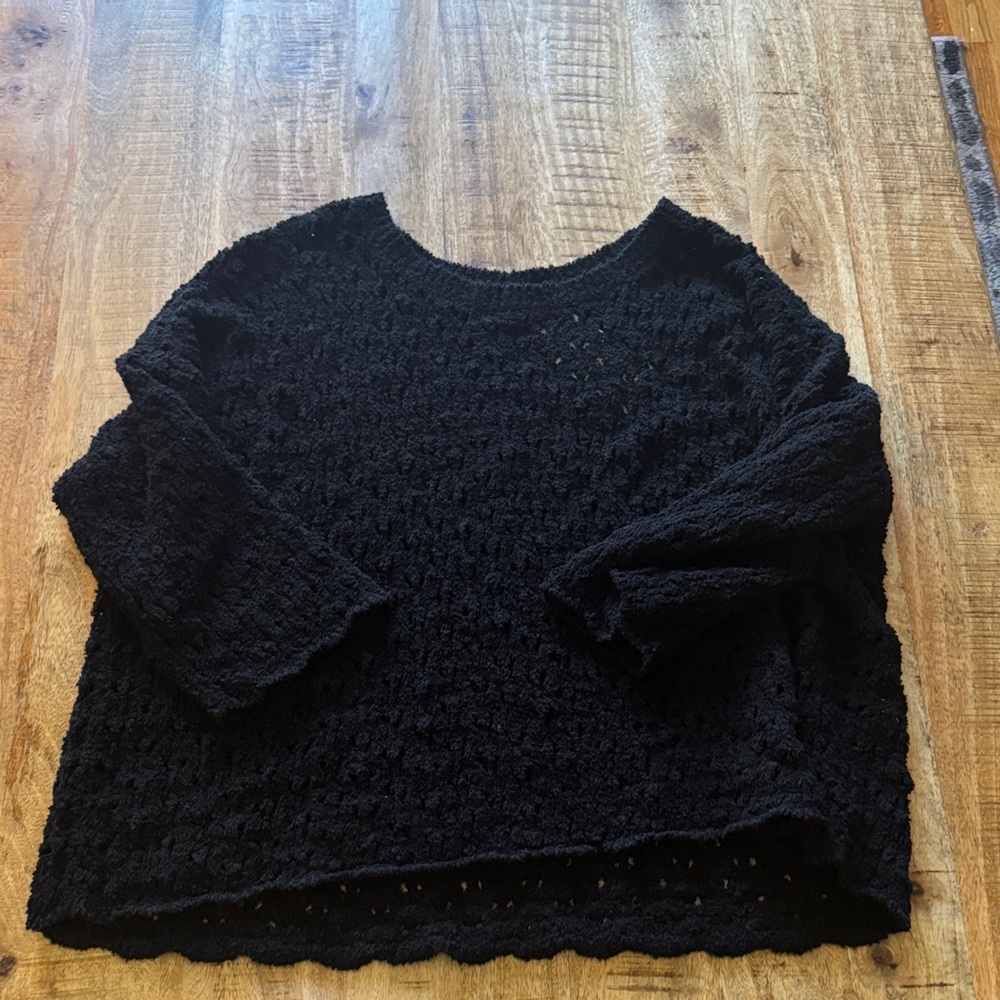 Eileen Fisher Black Textured open stitch Knit Pullover Sweater cotton blend NWT